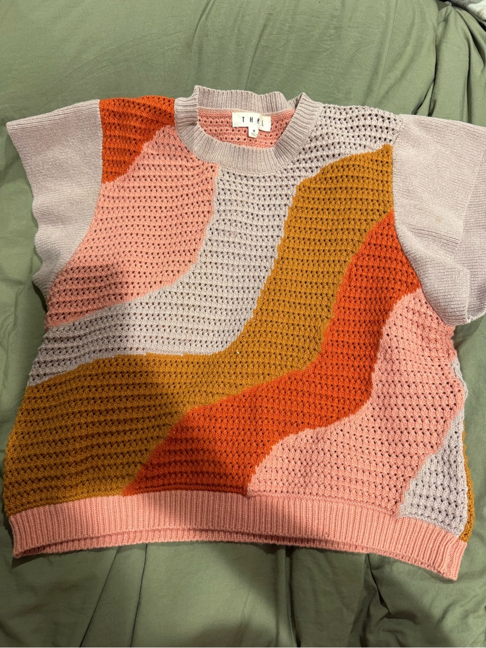 THML Colorblock Crochet Short-Sleeve Sweater in Pink, Orange & Mustard